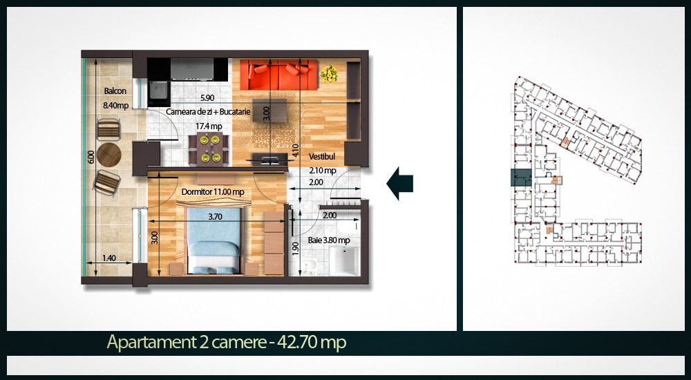 Apartament 2 Camere B 42