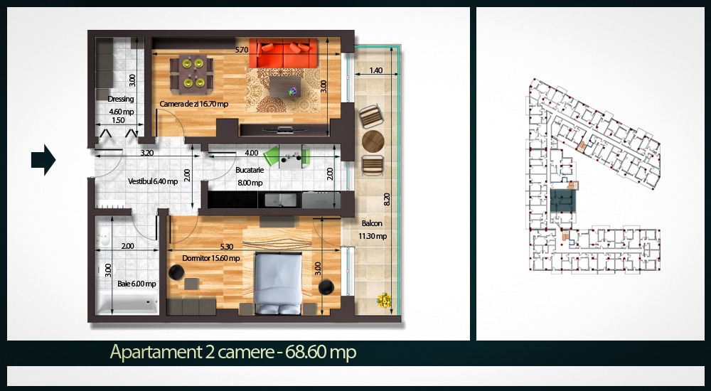 Apartament 2 Camere B 68